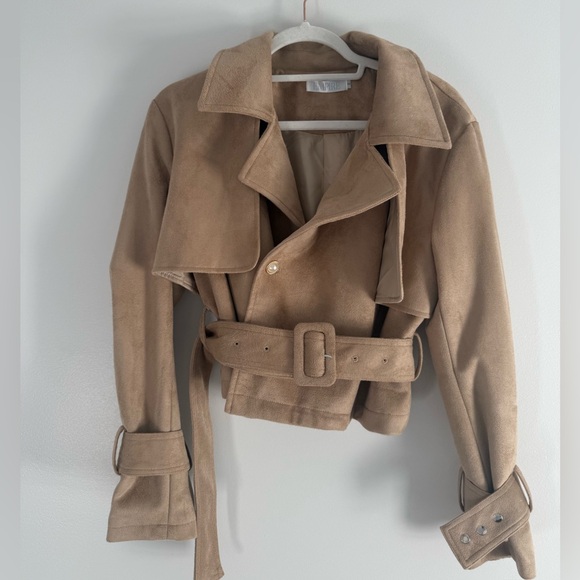 Tan Cropped Belted Trench Jacket – Suede Look, Lined, Size S - Picture 4 of 6